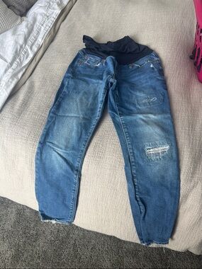 Maternity Distressed Blue Denim Jeans with Black Panel